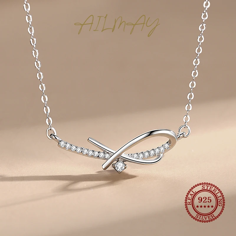Ailmay 925 Sterling Silver Simple Fashionc Shining CZ Geometric Design Pendant Necklace For Women Wedding Engagement Jewelry
