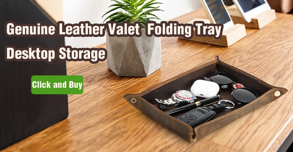 Creative Genuine Leather Valet Snap Tray Home Ofiice Desk Organizer Jewelry Pen Key Coin Desktop Storage Tray Folding Storage