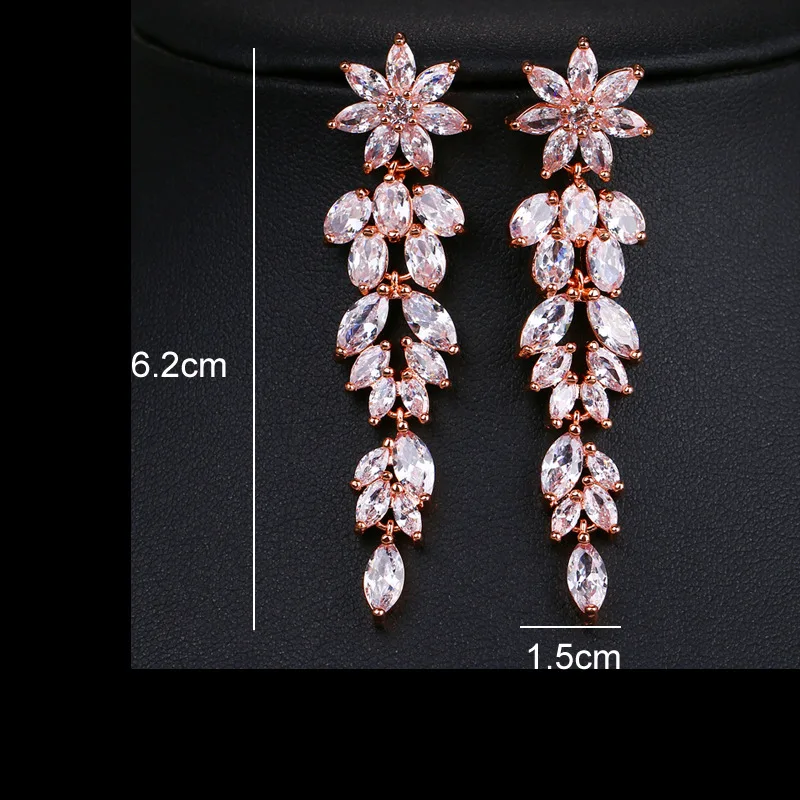 Ekopdee Luxury Flower Long Tassel Earrings Women Vintage Bling Cubic Zirconia Bridal Earrings Female Bridal Wedding Jewelry New