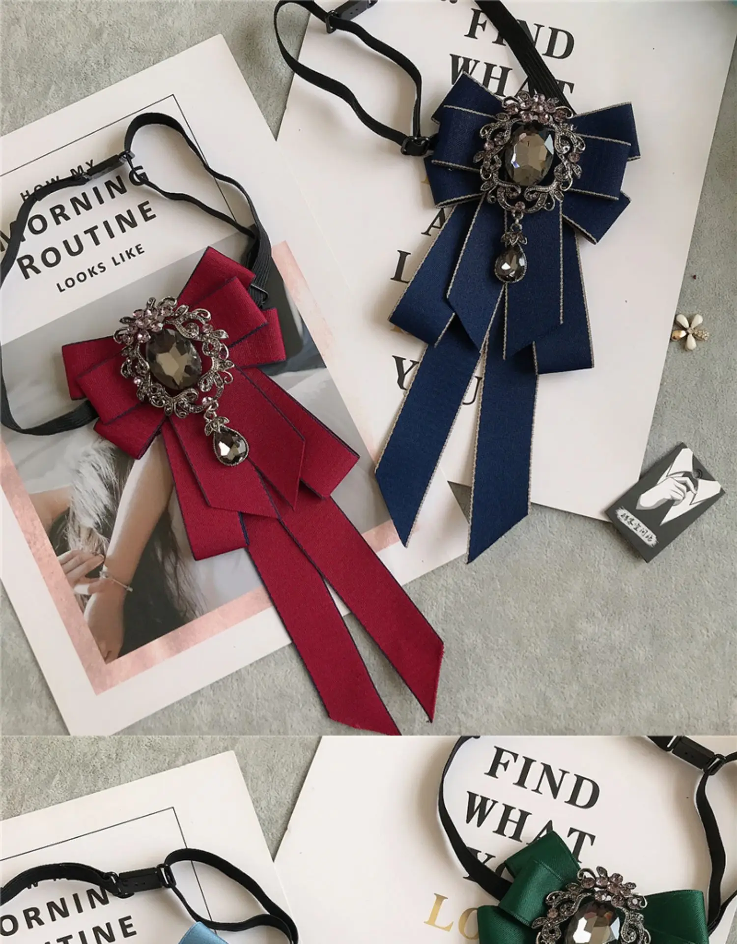 Strass-Schleifenkrawatte für Damen – Abschlussfeier, Foto-Requisite, Schuluniform, Schleifenband, süße, literarische und künstlerische Karo-Schleifenkrawatte, Kragenblume – Detail 1