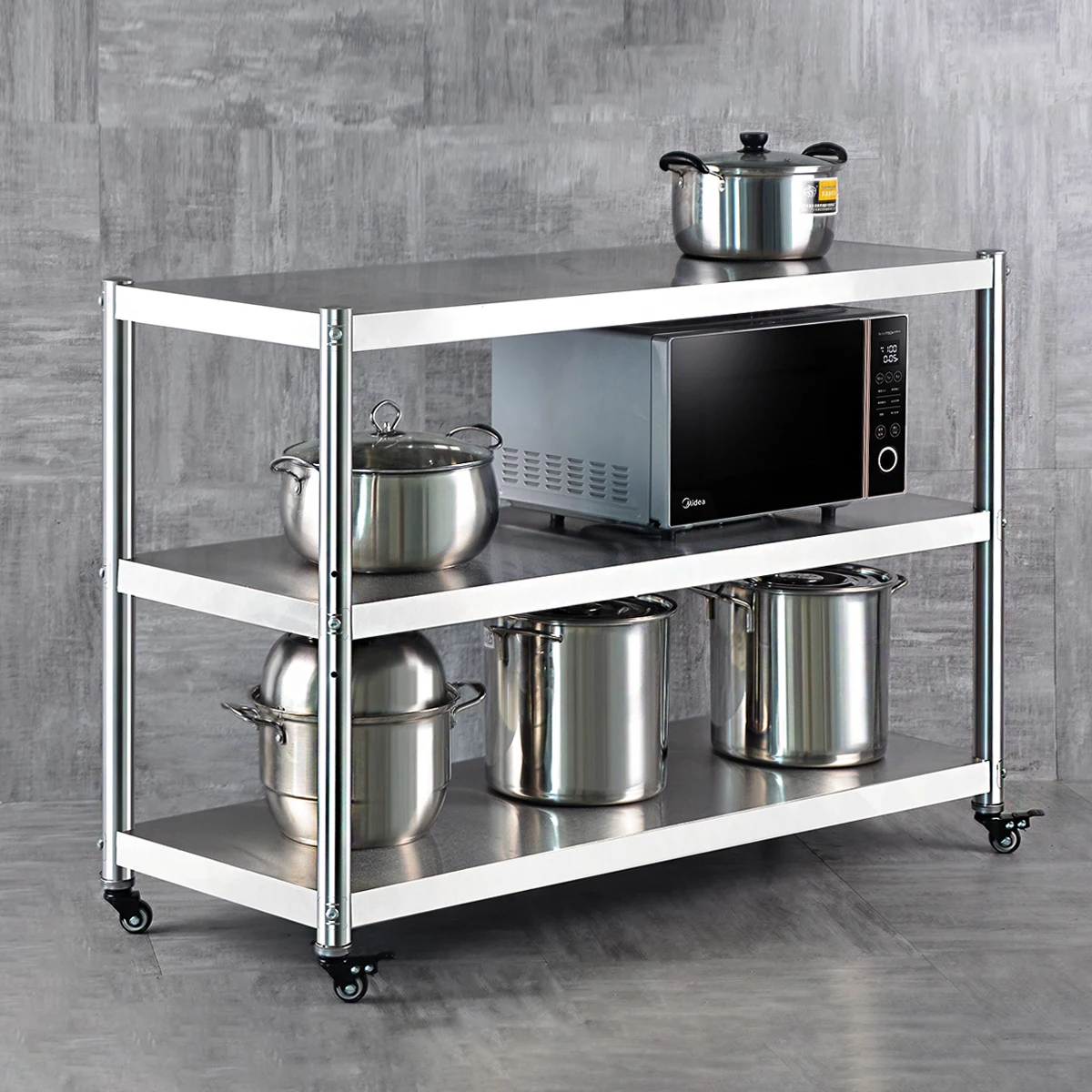 

304 Stainless Steel Storage Rack with Brake Wheels, Three-Layer Kitchen Shelf, Multi-Layer Floor Stand