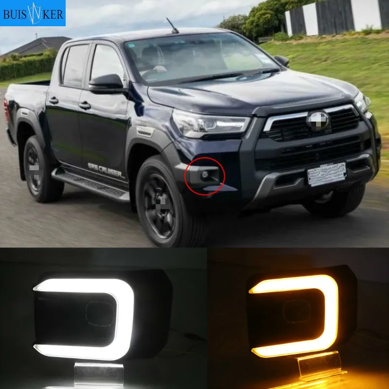 

12V LED DRL Daytime Running Light For Toyota Hilux Revo 2020 2021 Waterproof Yellow Turn Signal Indicator Light Bumper fog lam