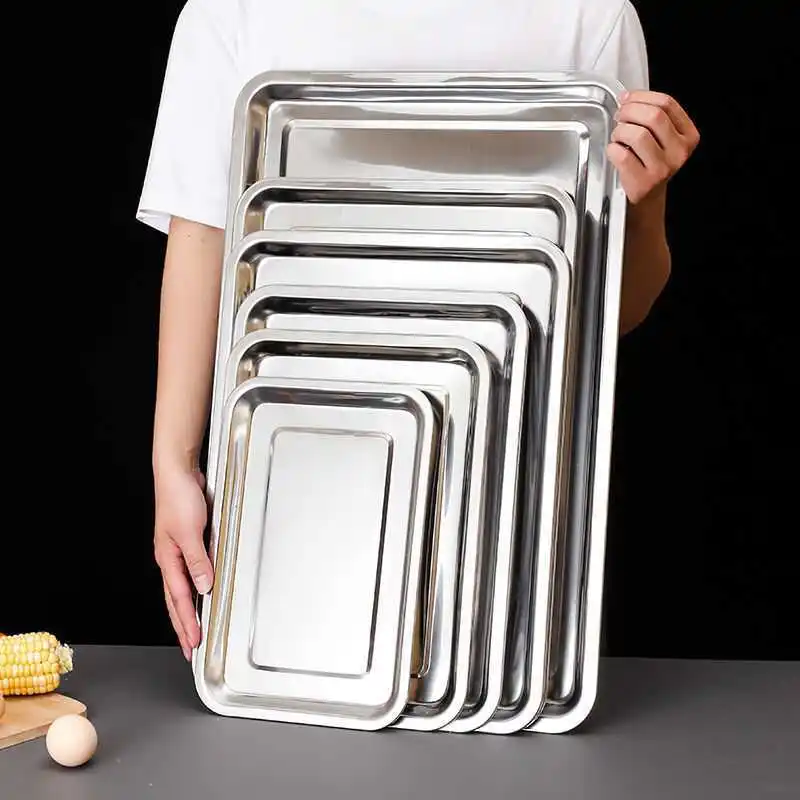 Stainless Steel Square Food Storage Tray Steamed Sausage Bread Baking Pan Shallow Service Trays Kitchen Tools