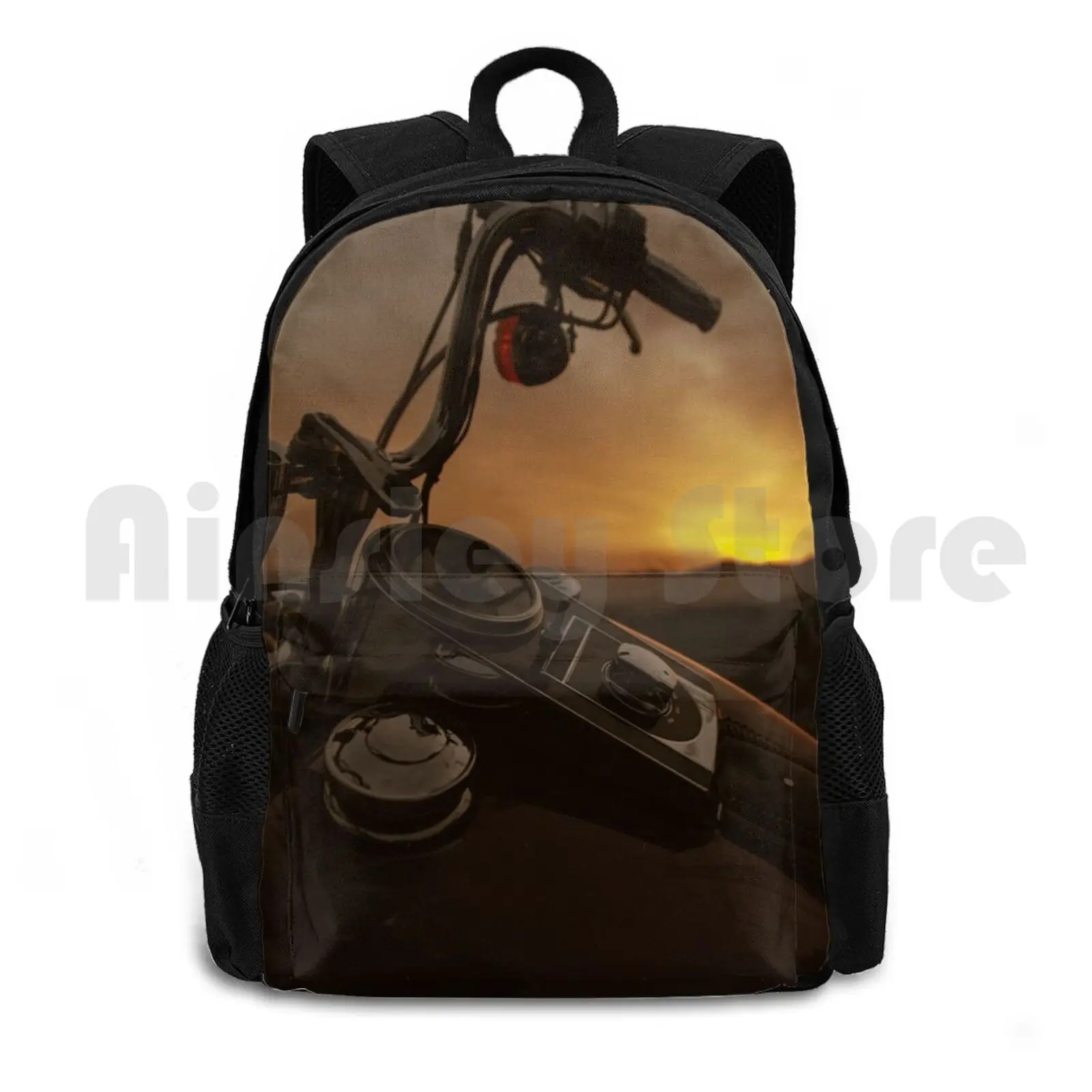 In The Sunset Outdoor Hiking Backpack Waterproof Camping Travel Tacho Tank Dash Red Retro Vintage Stylized Stylish Biker Bike