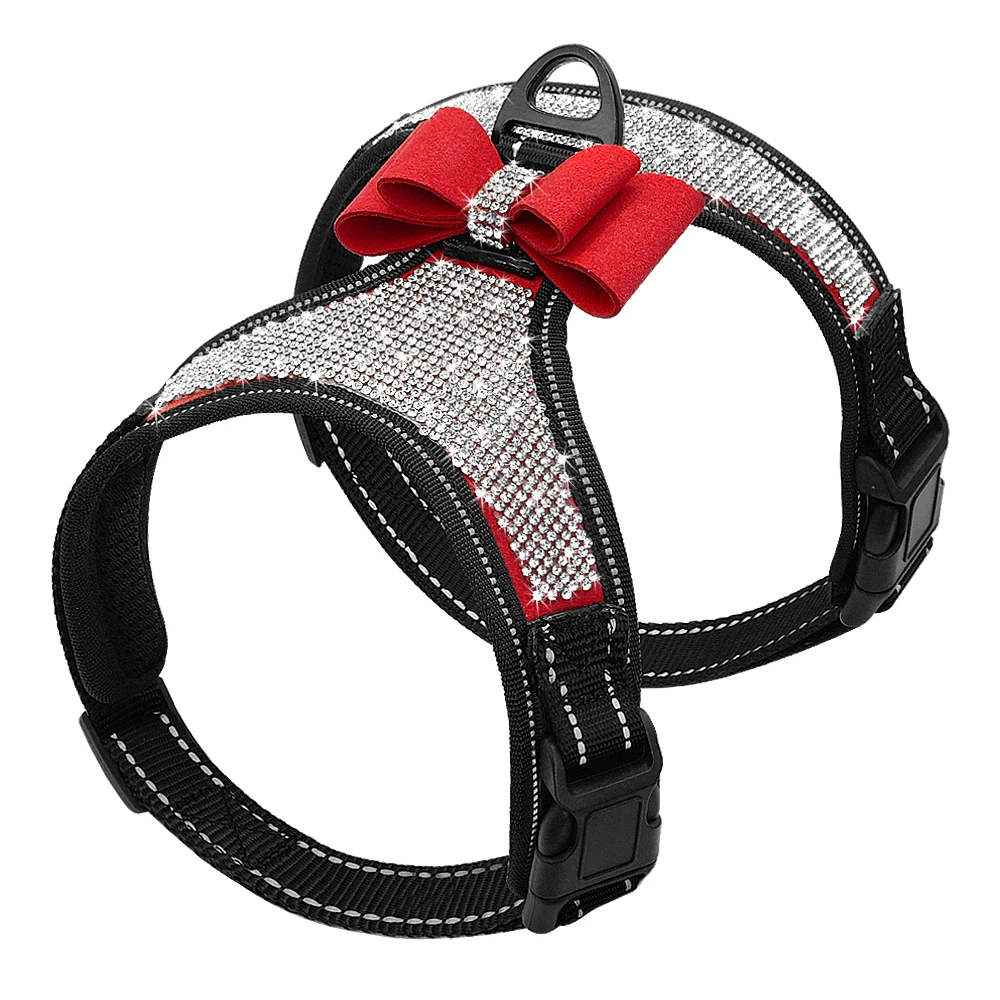 Fashion Reflecterende Bling Strass Hond Harnas Nylon Pitbull Pug Kleine Medium Honden Harnassen Vest Met Strik Hond Accessoires - afbeelding 1