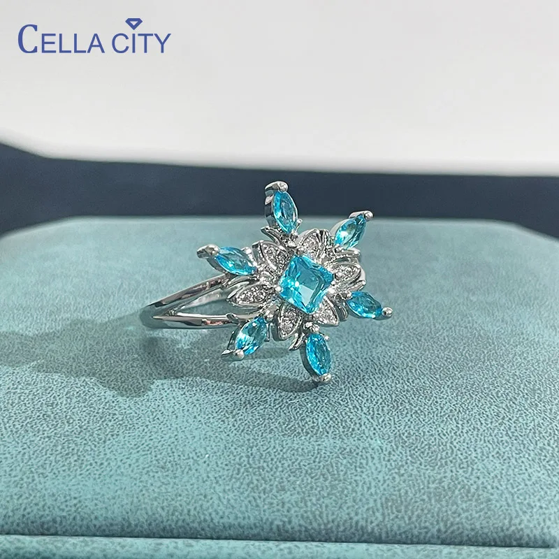 Cellacity Aquamarine Silver 925 Jewelry Ring for Charm Women Flower Snowflake Blue Gemstones Anniversary Wedding Rings Gifts