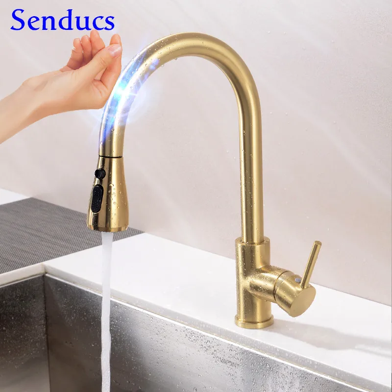 Touch Kitchen Faucets Brushed Gold Pull Out Kitchen Mixer Tap Smart Touch Kitchen Sink Faucet Intelligent Sensor Kitchen Faucet