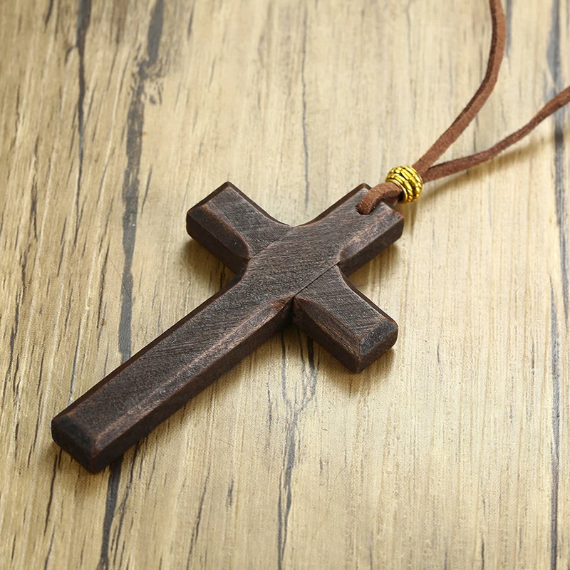 Men Wood Cross Crucifix Pendant on Cord Necklace