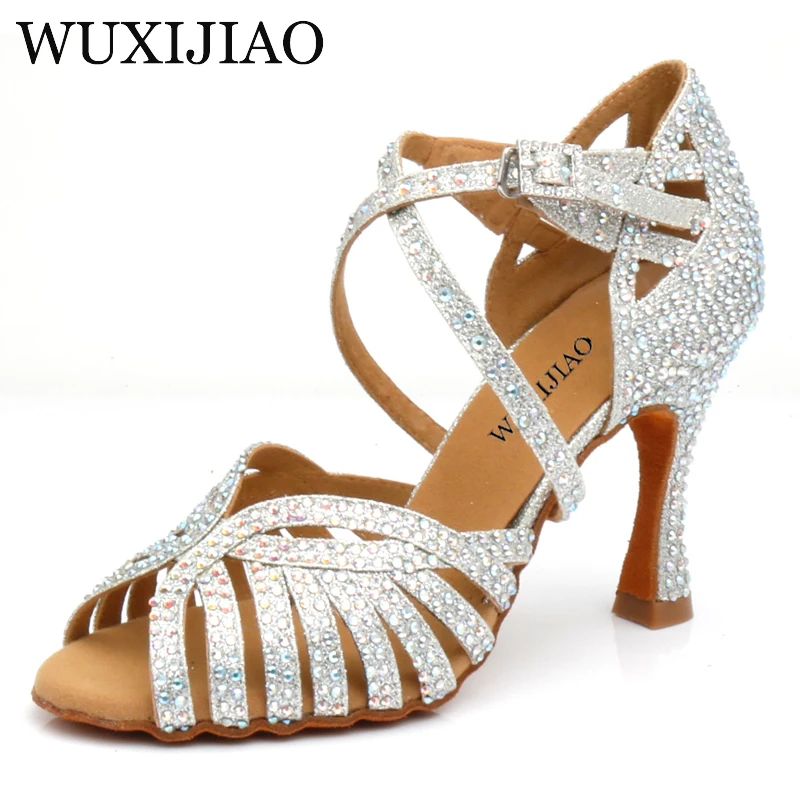 WUXIJIAO Latin dans ayakkabıları kadın yüksek topuklu siyah gümüş altın glitter altın kumaş rahat salsa ayakkabı salsa parti ayakkabıları