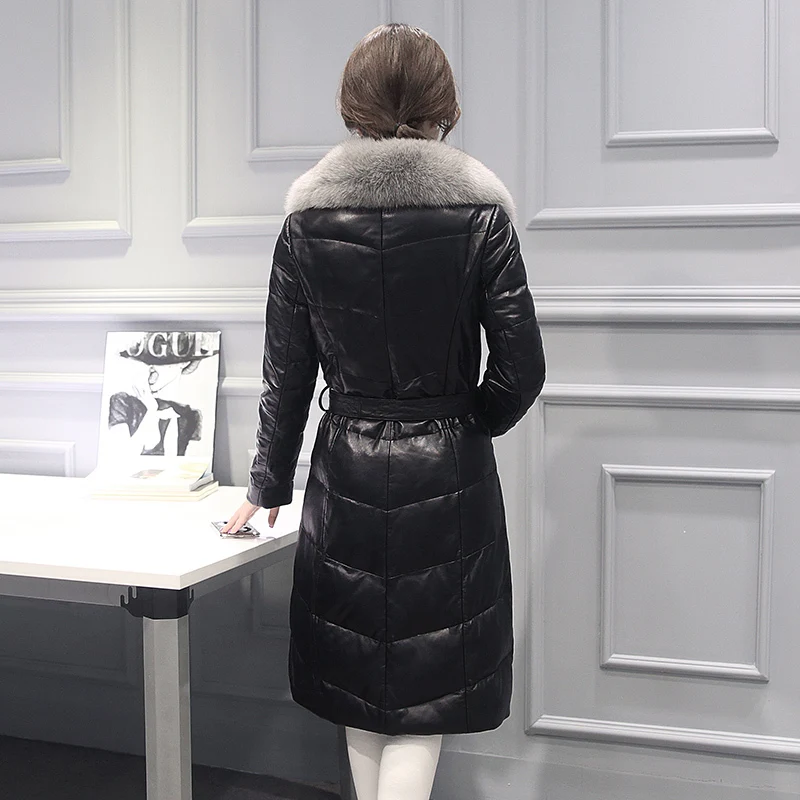 Veste d'hiver en cuir véritable pour femme, manteau Long avec col en fourrure de renard et peau de mouton véritable, 6777, KJ2466