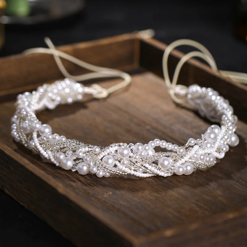 GETNOIVAS Bride Wedding Hairband Silver Color Pearl Headband Handmade Rope Headdress Simple Fairy Headpeice Hair Accessories SL