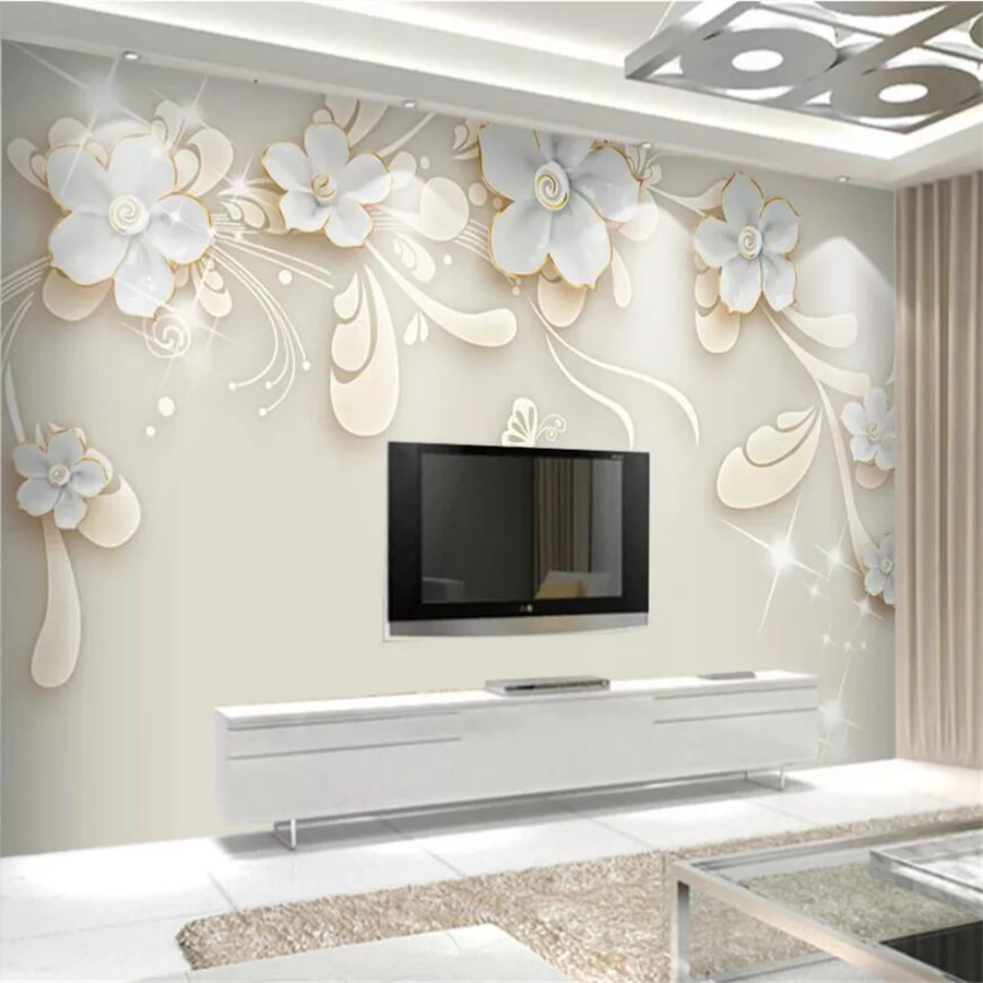 Custom wallpaper luxury 3d jewelry circle white ball TV background wall embossed rose pearl Nordic vintage jewelry 3d wallpaper