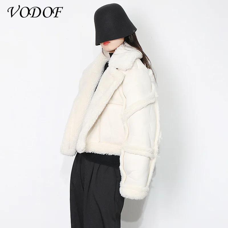 

Fur Locomotive Retro with Belt Riding Winter Women's Jacket Long-sleeved Lapel Padded Warm Black Zip Chic Female Coat Tops