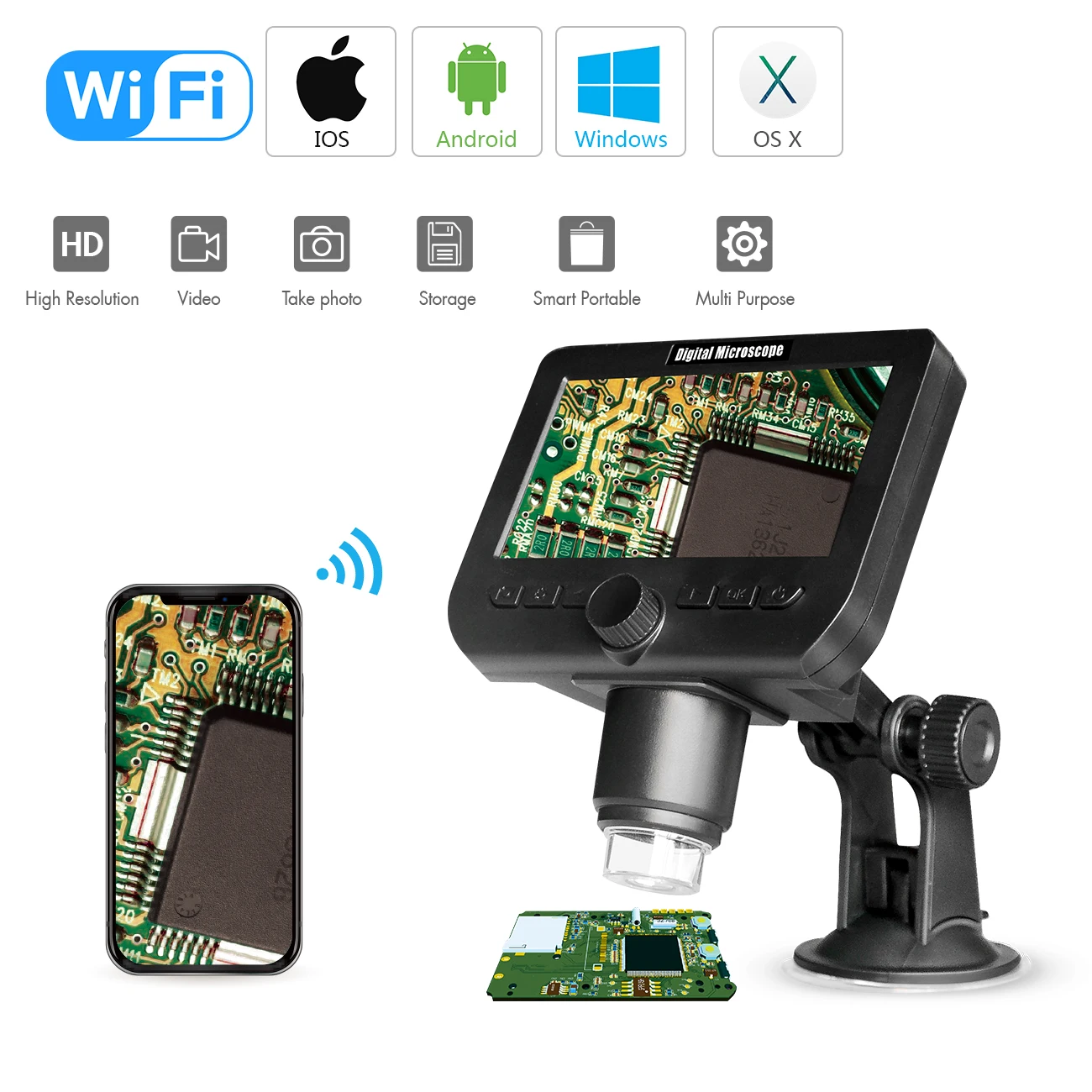 

4.3Inch WIFI 2MP 1080P 50-1000XDigital Microscope Handheld Endoscope for Repair Hair Skin Smartphone PCB Tool Magnifier