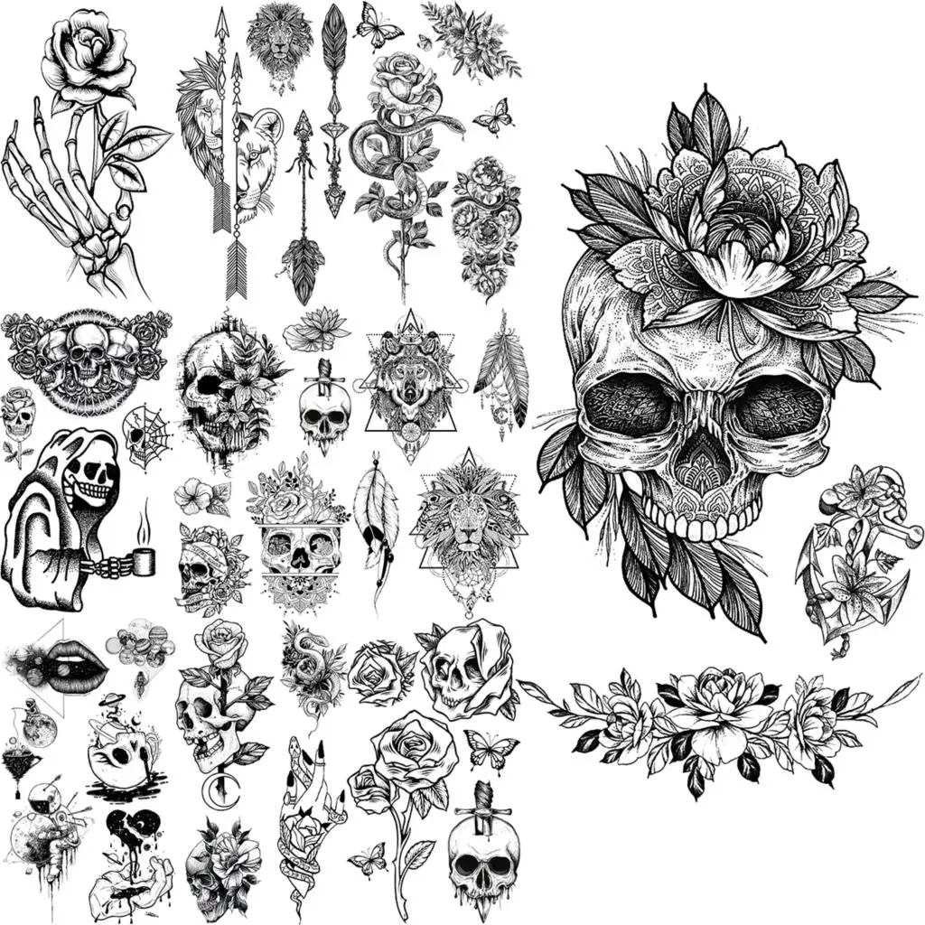 Skeleton Skull Temporary Tattoos For Women Adults Realistic Wolf Snake Rose Flower Feather Fake Tattoo Sticker Back Tatoos Body