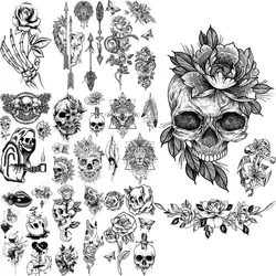 Skeleton Skull Temporary Tattoos For Women Adults Realistic Wolf Snake Rose Flower Feather Fake Tattoo Sticker Back Tatoos Body
