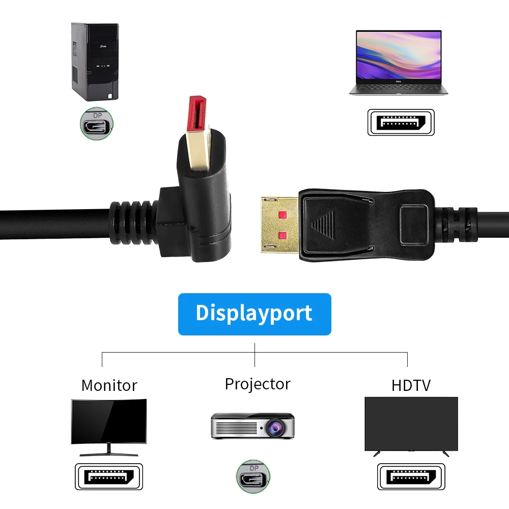 90 stopni w górę w dół pod kątem Displayport 1.4 DP 8K 4K 60Hz 144Hz 32.4 gb/s kabel HDR 1M 3M do komputera wideo Laptop projektor telewizyjny