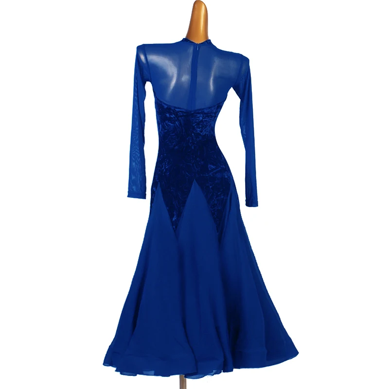 Vestidos de salón de terciopelo azul para mujer, vestido Sexy de mangas largas para baile de Vals, gran Swing, trajes de baile de competición de salón