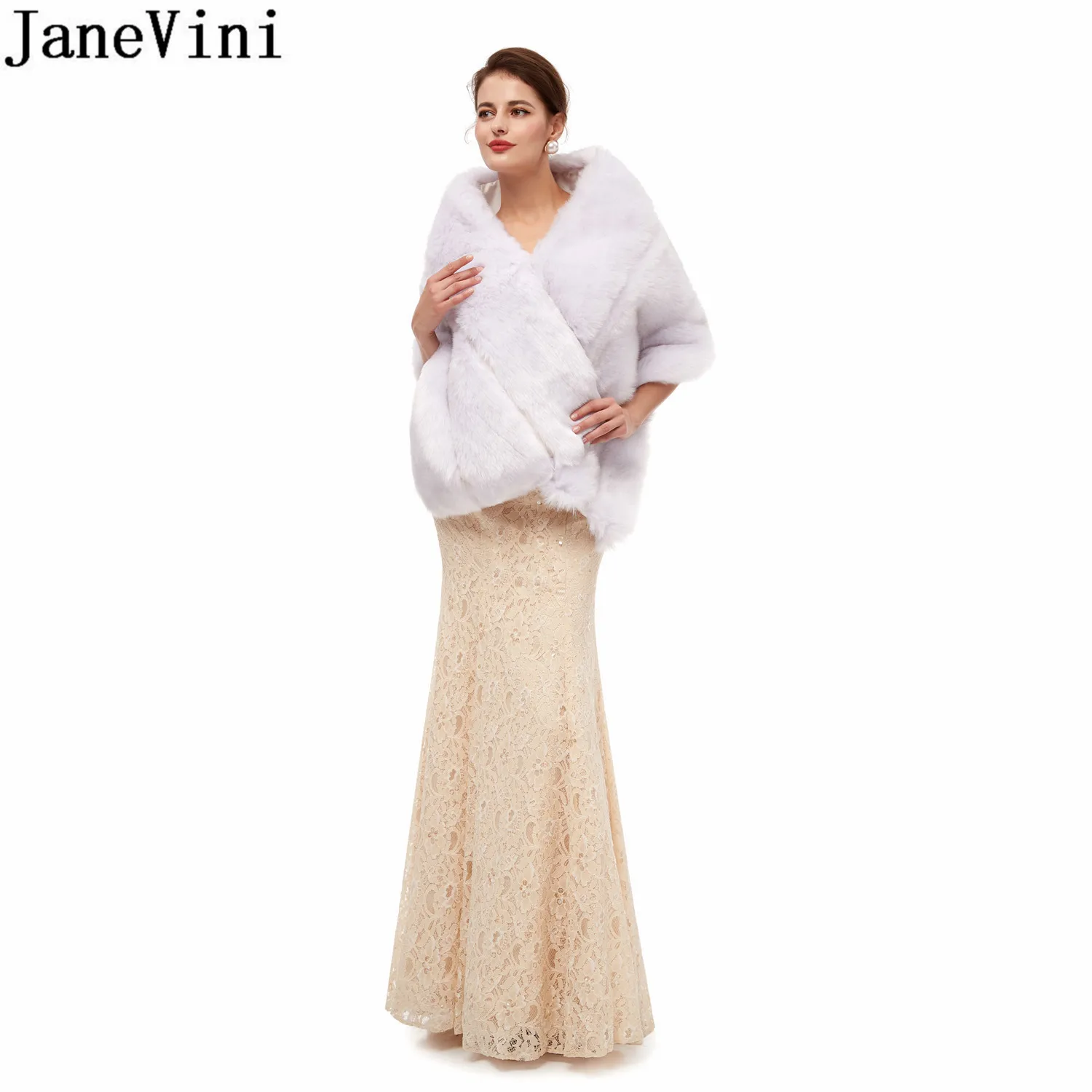 

JaneVini White Ladies Women Fur Wedding Bolero Capes Coat 2020 Ivory Gray Winter Bridal Dress Shawl Faux Fur Wraps Stoles stola