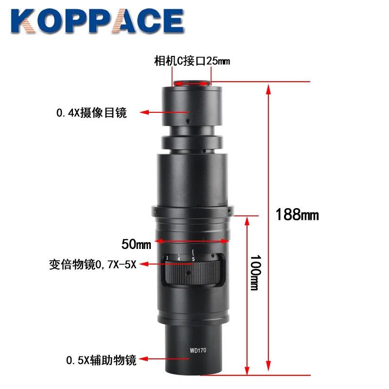 KOPPACE 13X-91X Industrial Microscope Lens 0.4X Eyepiece 0.7X-5X Zoom Objective 25mm C-Mount Interface Electron Microscope Lens