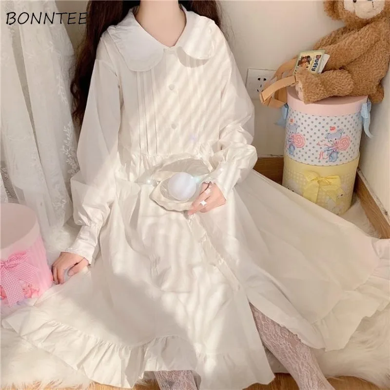 Dress Womens Loose Leisure Princess Style Peter Pan Collar Lantern Sleeve Kawaii College Sweet Fashion Ulzzang Prevalent Autumn