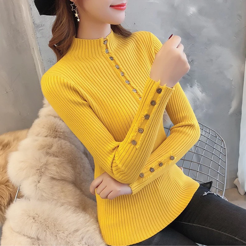 Autumn Winter women‘s sweaters pullovers long sleeve button O-neck chic Sweater Female Slim knit top soft jumper casual  tops