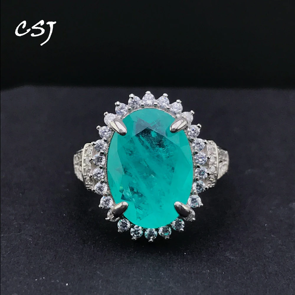 

CSJ Brazilian Paraiba Tourmaline Gemstones Ring for Women genuine 925 Sterling Silver White Rhodium ring for engagement