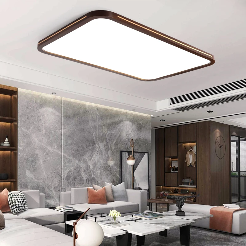 Ultra-thin Solid Wood Living Room Chandeliers Modern Bedroom Lamp Rectangular Walnut Color Copper Ceiling Decoration Lights