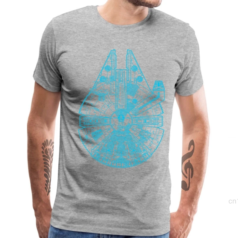 Gift T Shirt Men Millenium Falcon Blueprint Tshirt 100% Cotton Father Day Tees Retro Geometric Spaceship Print Clothes