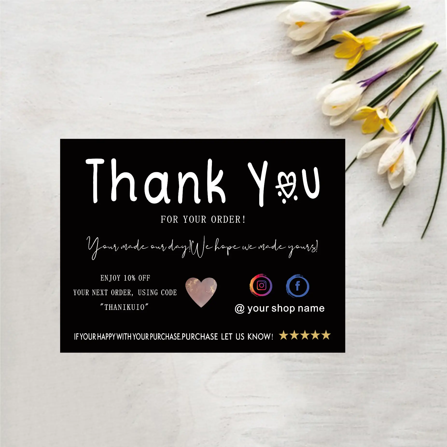 Personalize Add LOGO Black Business Thank You Insert card Template Modern Packaging Insert Card Custom Thank You For Your Order