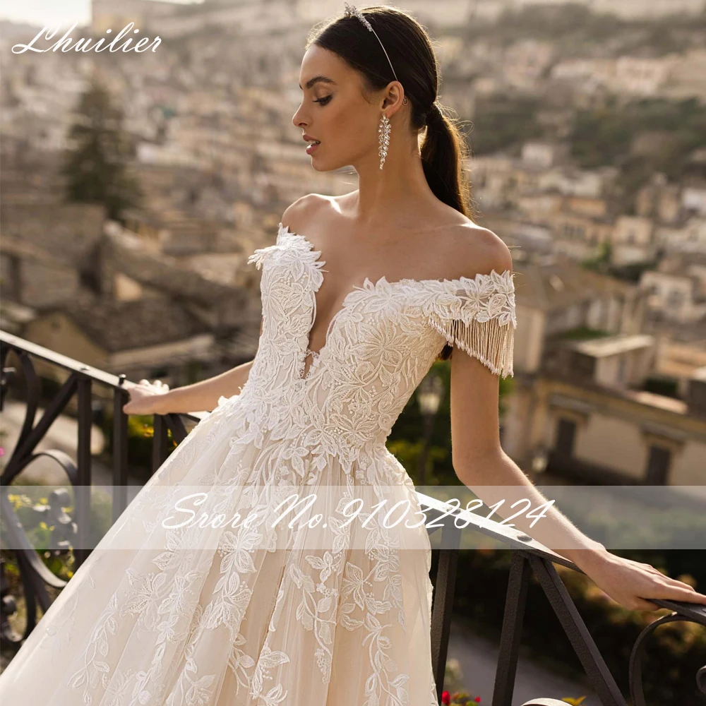 Lhuilier-vestidos de novia de tul con cuello en V, traje de novia con hombros descubiertos, apliques largos hasta el suelo, cola de corte con borla