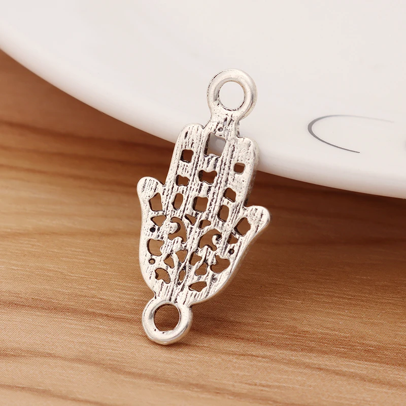 20 Pieces Tibetan Silver Hollow Open Hamsa Hand Connector Charms for DIY Bracelet Jewellery Making Findings Accessories 32x17mm