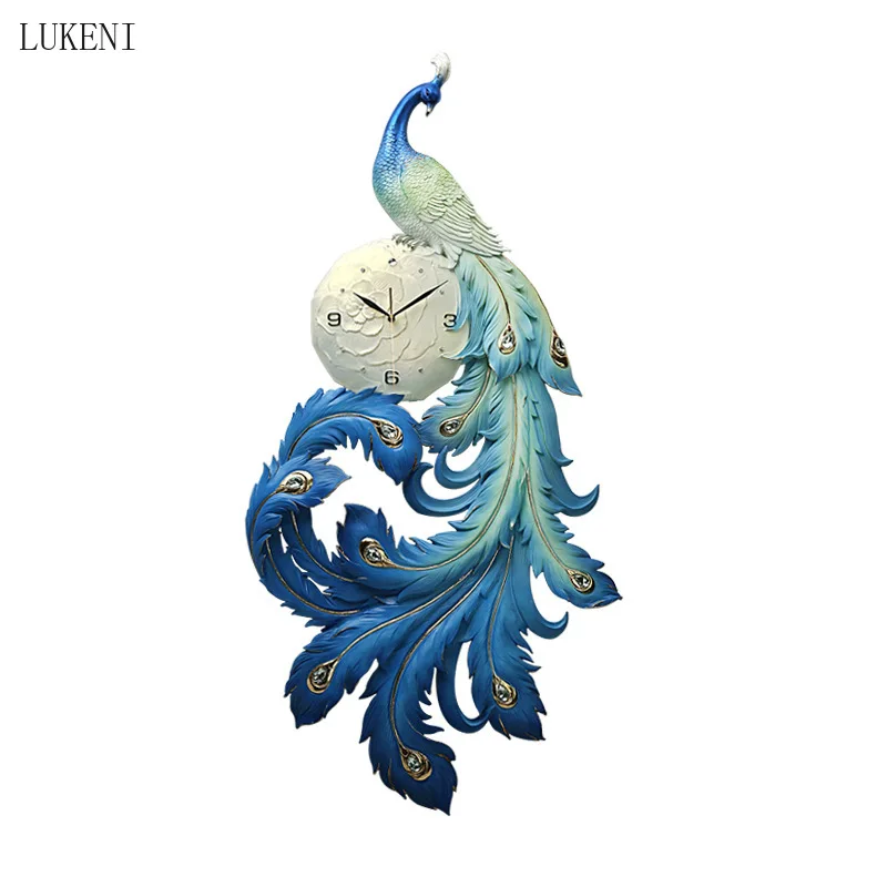 

New Chinese Style Blue Purple 90x46cm Resin Carving Peacock Wall Clock Creative Decoration Clock Art Three-dimensional