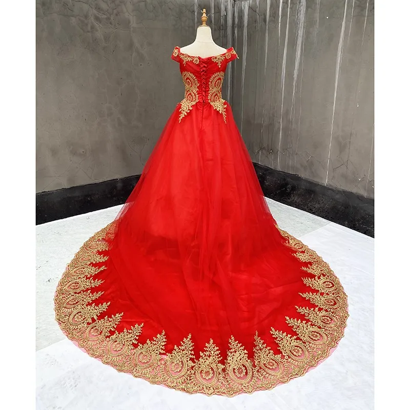 100% Real Photo สีแดง Quinceanera ชุดปิดไหล่ลูกไม้ดอกไม้ Prom Ball Gown Plus ขนาดที่กำหนดเอง Vestidos De quinceaneras