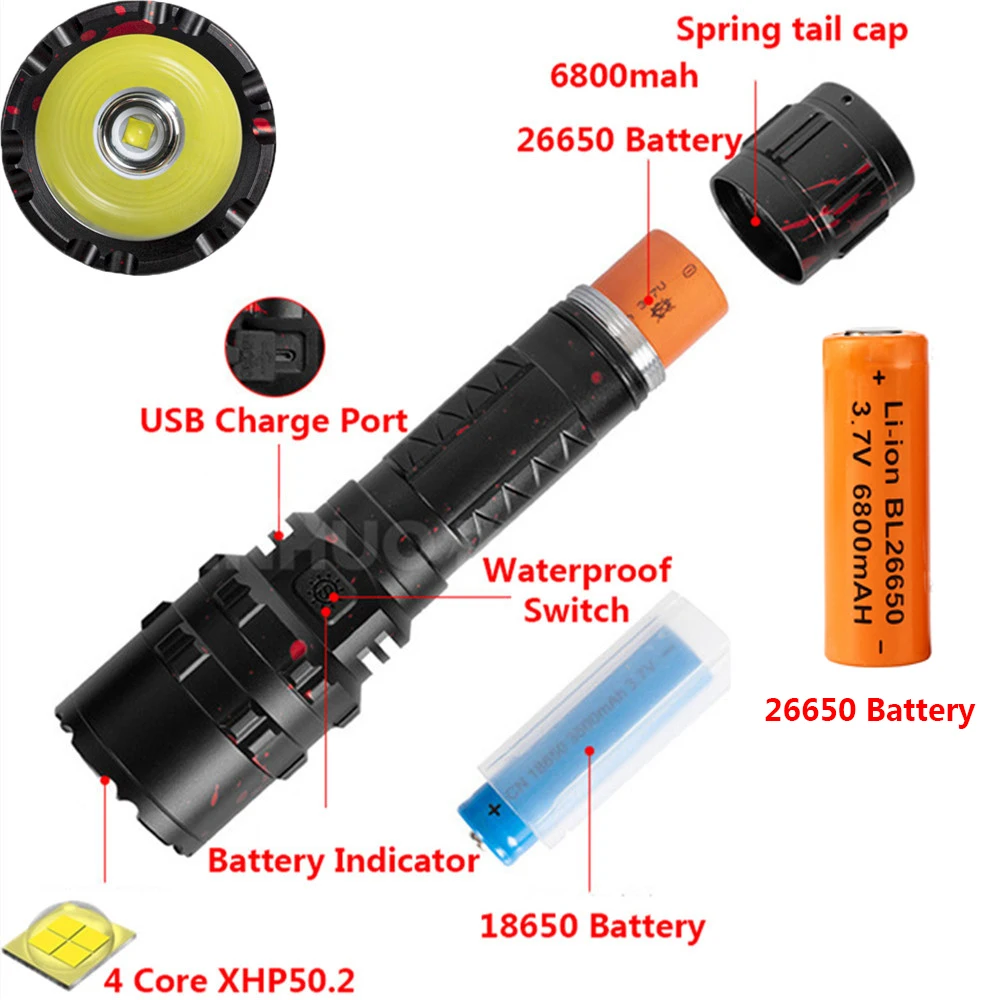 High Power XHP50.2 LED Flashlight Xlamp L2 Waterproof Torch 5 Modes Lanterna USB Rechargeable Tactical Light For Outdoor