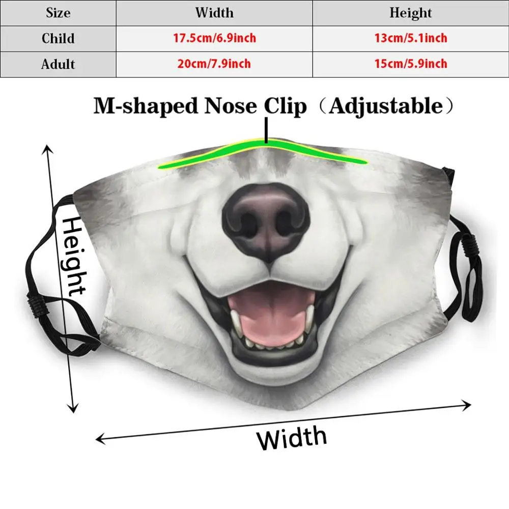 Black & White Husky Face Print Washable Filter Anti Dust Mouth Mask Husky Dog Canine Malamute Pet Animal Mouth Tongue Cute