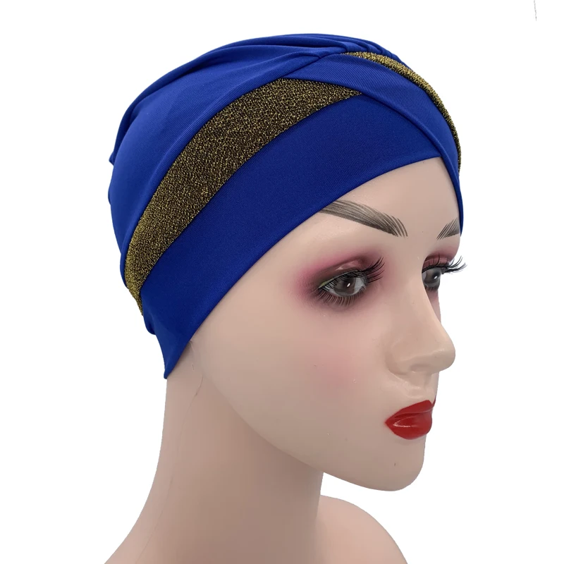 Fashion Muslim Women\'s Headscarf Bonnet Stretchy Under Hijab Caps Forehead Cross Female Glitter Turban Cap Islamic Head Wraps