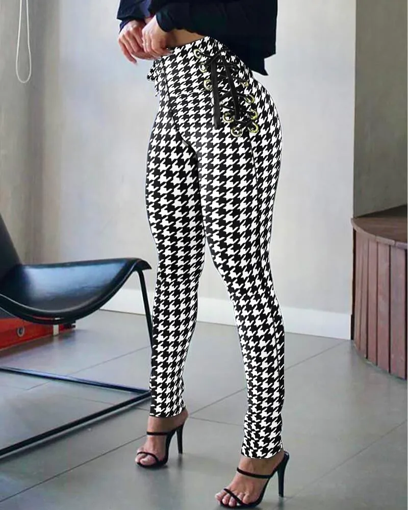 

Houndstooth Print High Waist Eyelet Lace-up Skinny Pants