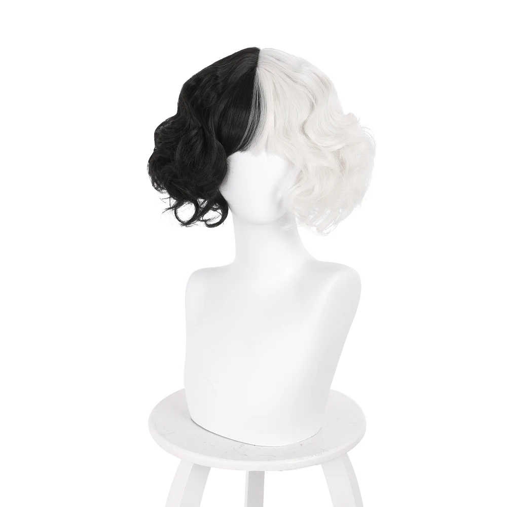 New Movie Cruella Wigs Half Black Half Milk White Short Curly Heat Resistant Hair Cruella de Vil Cosplay Wig + Wig Cap