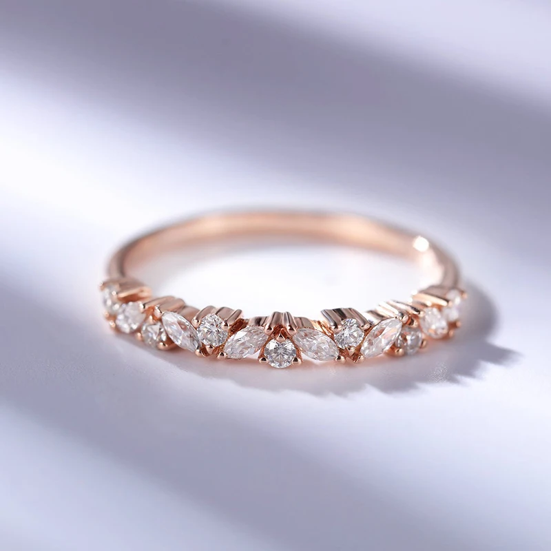 CxsJeremy Moissanite Engagement Ring Half Eternity Round and Marquise Cut 14K Rose Gold Staking Matching Band Anniversary Gift