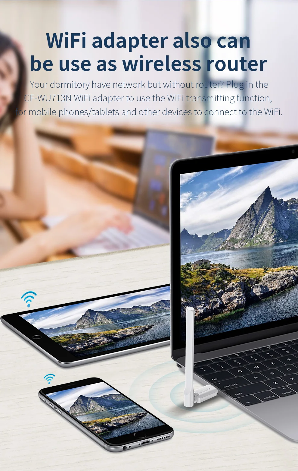 CF-WU713N 2.4GHz 150Mbps Adaptor WiFi Kartu Jaringan Nirkabel untuk Laptop Desktop Portabel USB 2.0 Wifi Eksternal Antena Gain Tinggi
