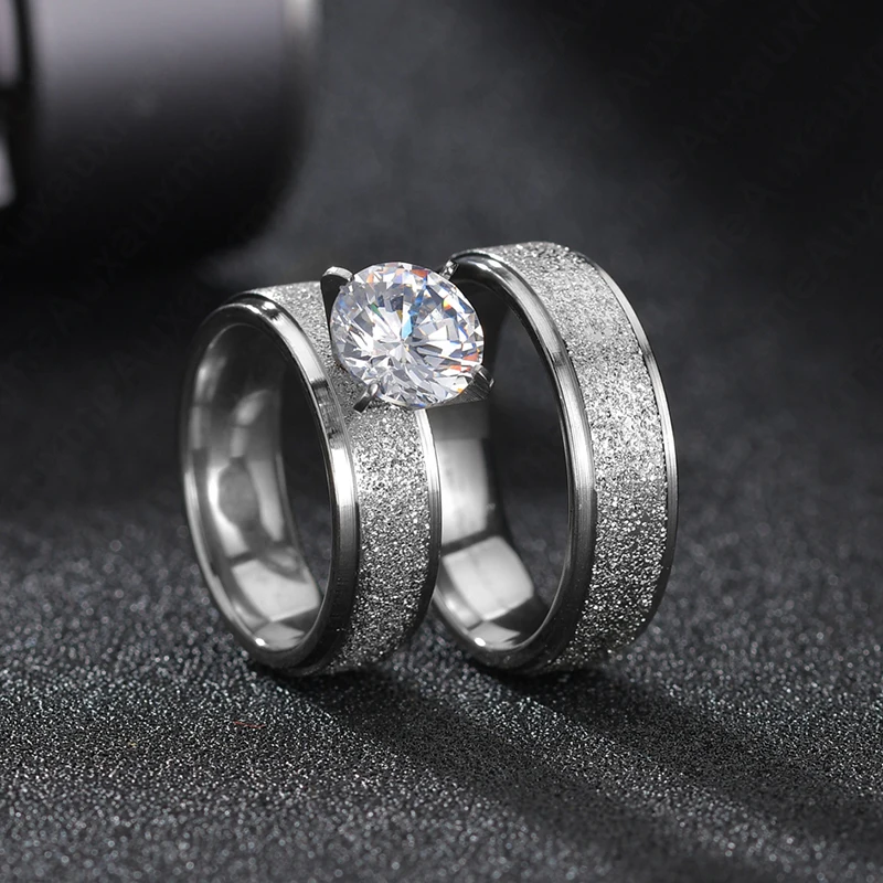 Auxauxme Bling White Stones Engagement Rings for Couples Golden Titanium Steel Romantic Wedding Ring Women Men Jewelry