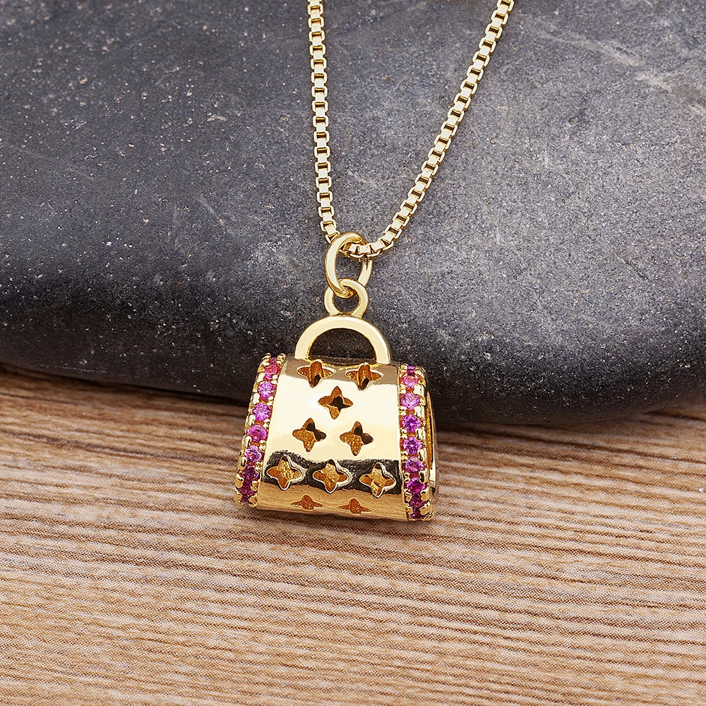 Fashion Creative Retro Pink/White/Black Colors Bag Shape Pendant Crafts Charms Special Design Women Party Gift Necklace Jewelry