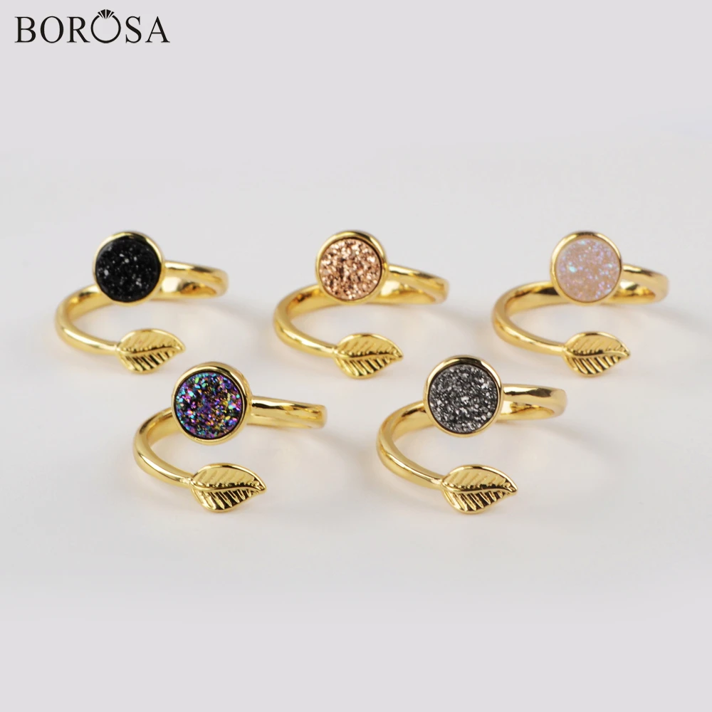 

BOROSA 5/10Pcs Round Druzy Rings Rainbow Agates Titanium Druzy Golden Adjustable Ring for Women Engagement Jewelry Gifts