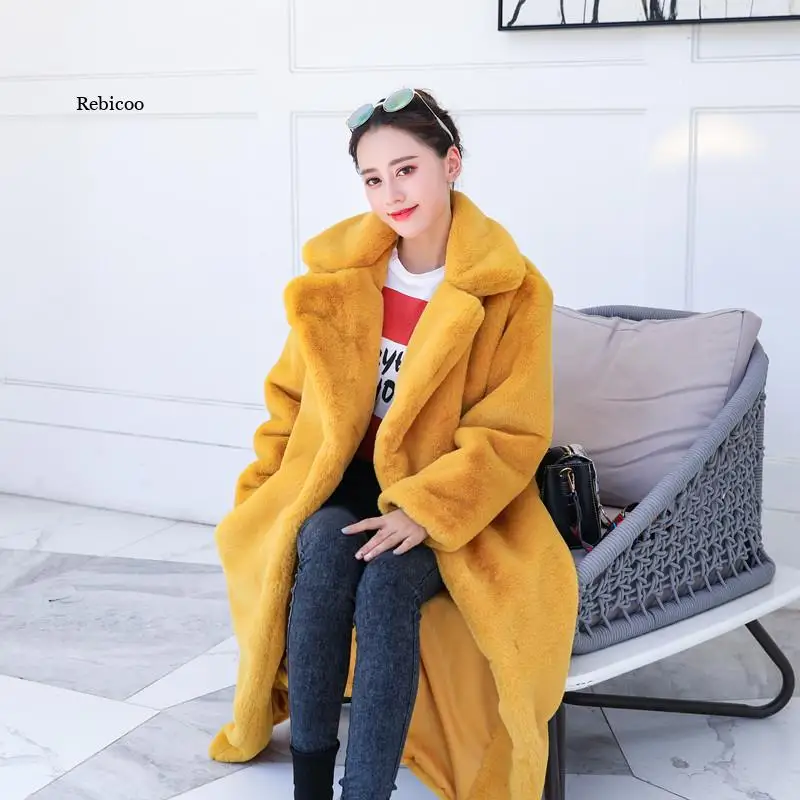 

Winter Women High Quality Faux Rabbit Fur Coat Luxury Long Fur Coat Loose Lapel OverCoat Thick Warm Female Plush Coats