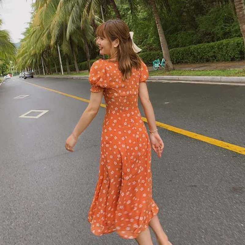 Dress Women Casual Mid-calf Elegant French Square Collar Sweet Puff Sleeve Fairy Abdomen Female High Slit Orange Floral Vintage