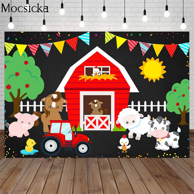 Moscicka Farm Theme Photography Backdrop Red Barn Tractor Animals Photo Background Child Birthday Party Backdrops Decor Banners