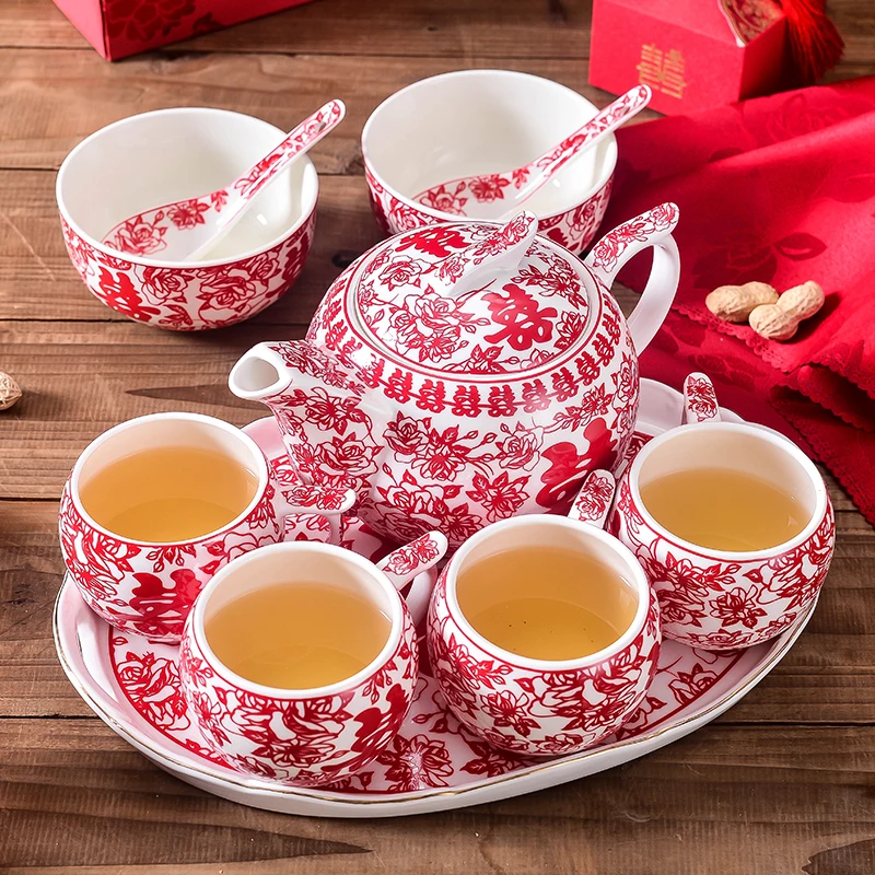 

Chinese paper cut wedding gift ceramic festive tea set teapot teacup set Chinese tray new couple toast tea cup