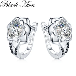 Black Awn Silver Color Round Black Trendy Spinel Engagement Flower Hoop Earrings for Women Jewelry Bijoux I152