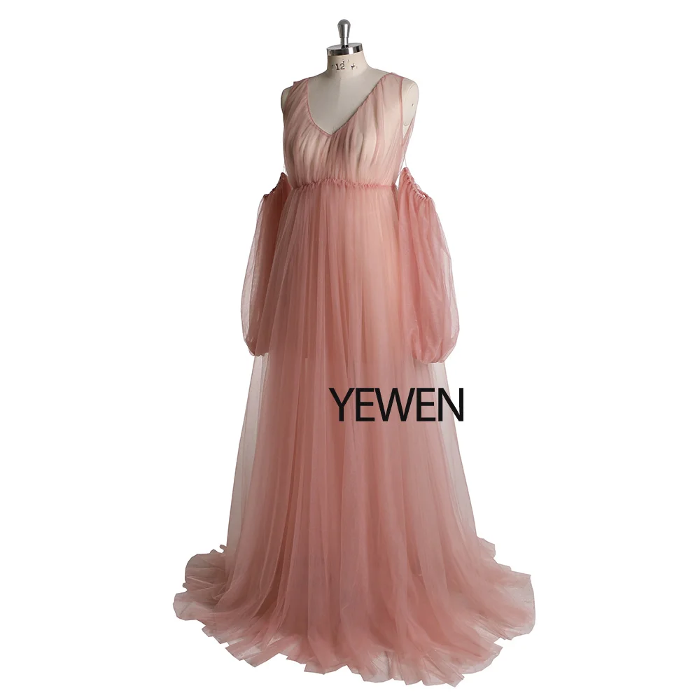 Cute Pink Tulle  Elastic Band on Waist Detachable Sleeves Maxi Dresses for Women Maternity Dresses for Photo Shoot YEWEN